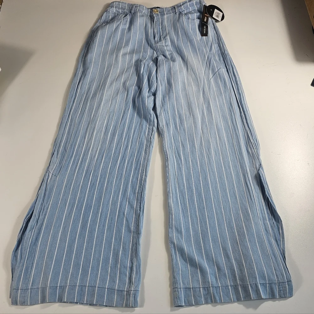 NWT High Rise Wide Leg 151 BLUE Striped 30x33 Medium M chambray Cotton Pants ^ - Picture 1 of 7